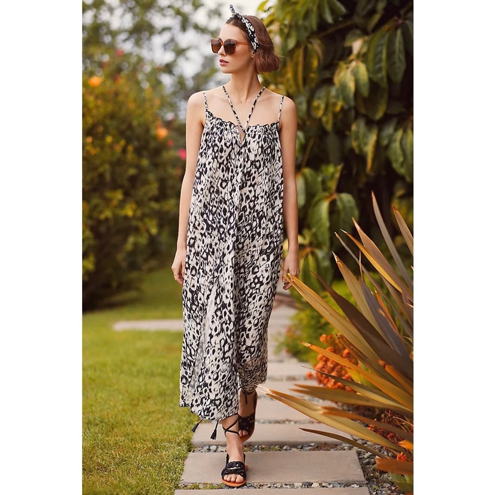 Anthropologie Strappy Maxi Dress Ikat Print Size Medium Dark Grey Ivory Flowy